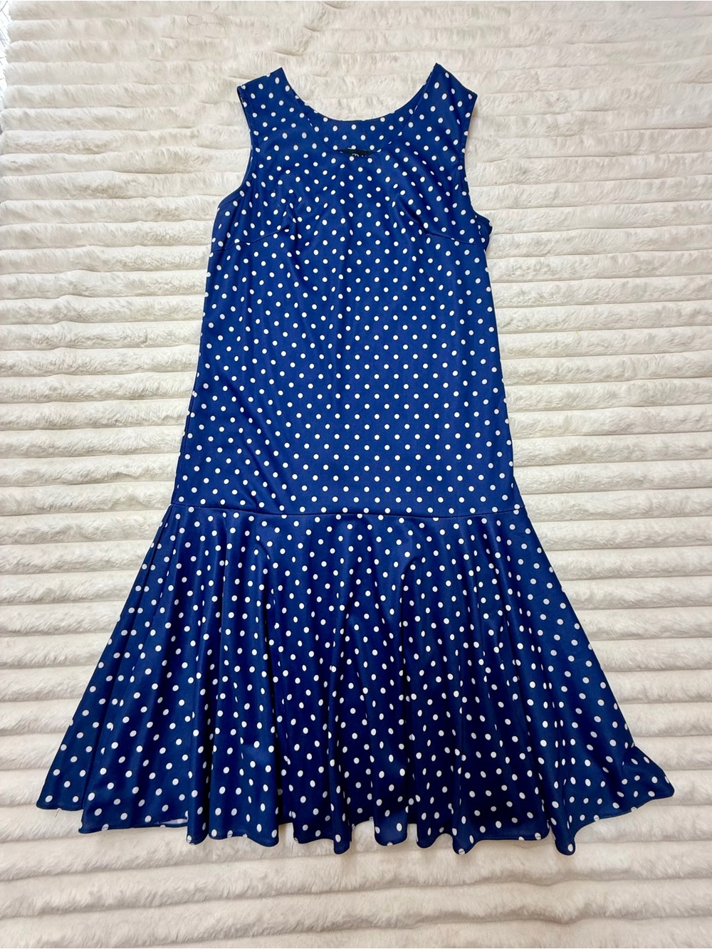 Blue Polka Dot Sleeveless Dress Flowy Ruffle Hem Fit & Flare Petite